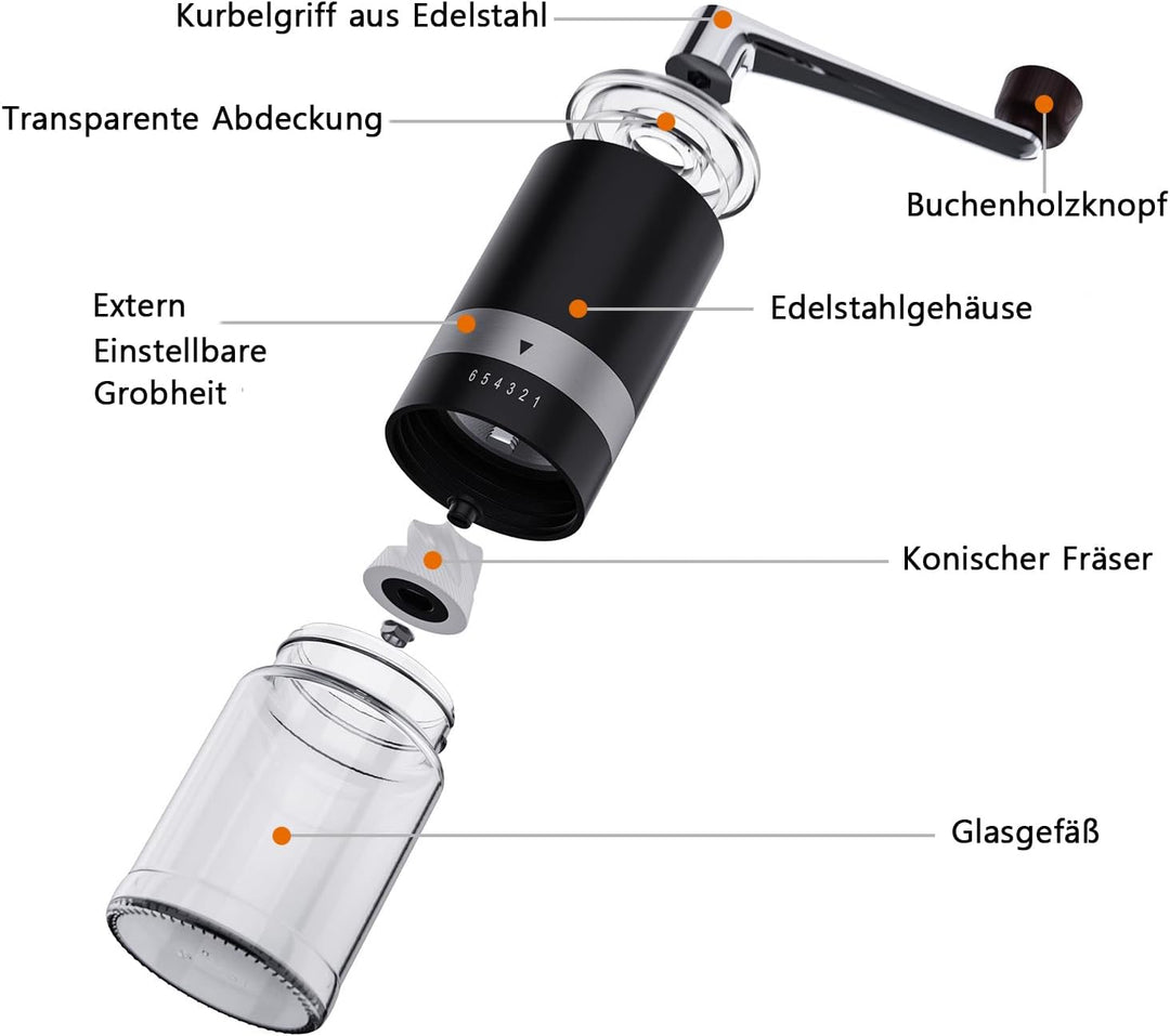 BRAVECOW Tragbare kaffeemühle manuell,Kegelmahlwerk aus Edelstahl kaffee mühle mit 6 einstellbaren S