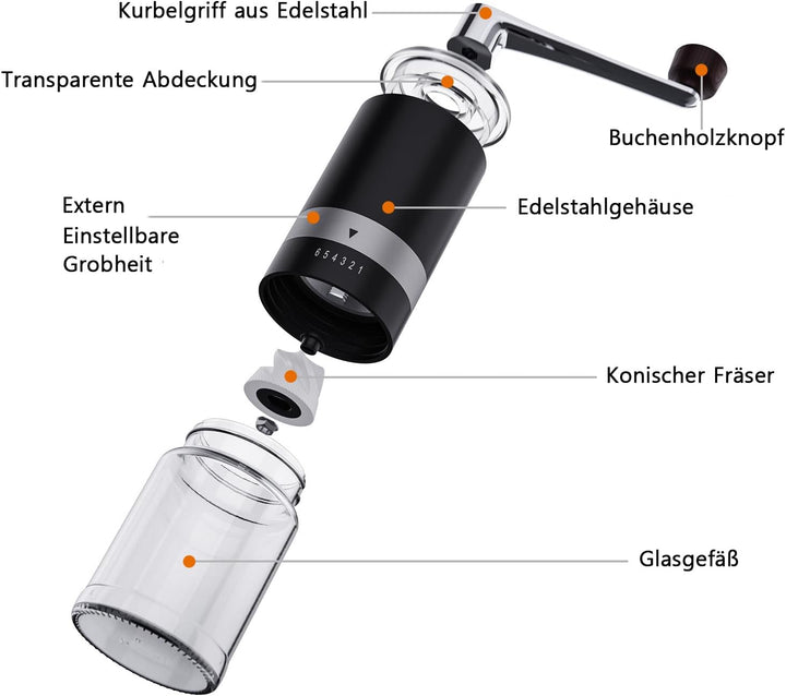 BRAVECOW Tragbare kaffeemühle manuell,Kegelmahlwerk aus Edelstahl kaffee mühle mit 6 einstellbaren S