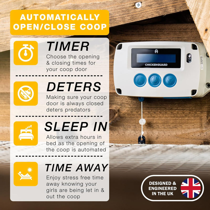 ChickenGuard Standard S5 Modell Automatischer Türöffner für Hühnerstall mit Timer. Batterie oder Gle