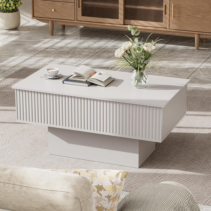 38,2" Lift-Top-Couchtisch mit Stauraum und LED-Beleuchtung, Moderner geriffelter Massivholz-Couchtis