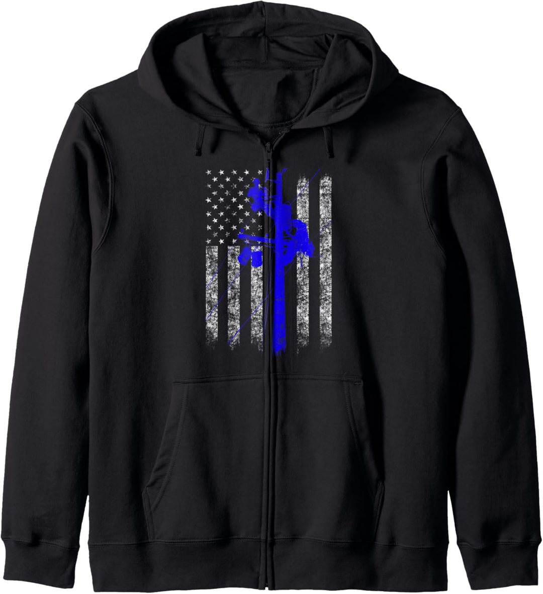 Blaue Silhouette Amerikanische Flagge Lineman Elektriker Kapuzenjacke