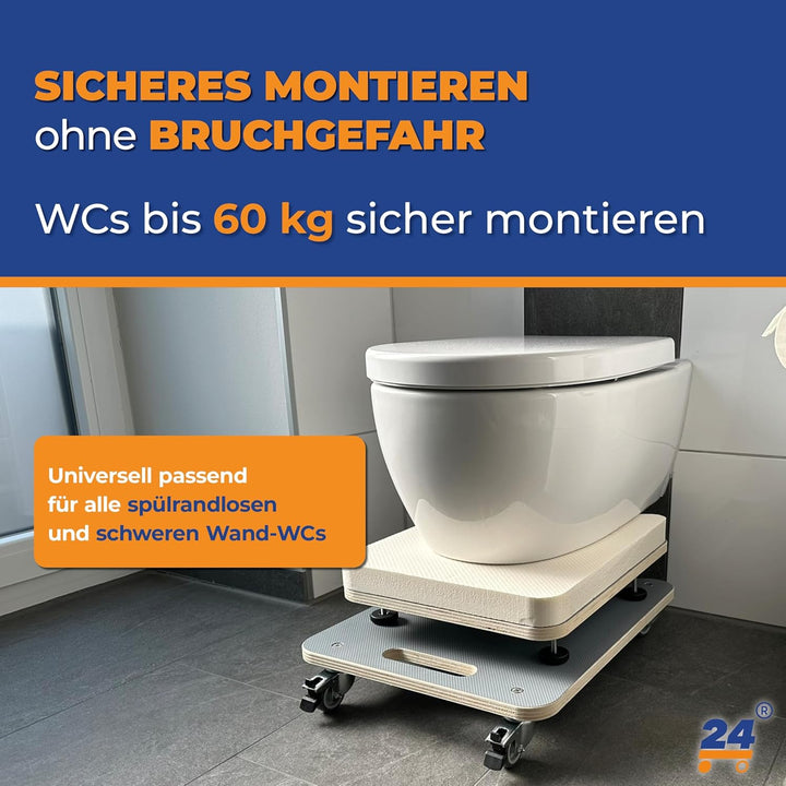 WC-Montagehilfe für wandhängende WCs & BDs – Höhenverstellbares Montage-Rollbrett 125–215 mm, 360° R