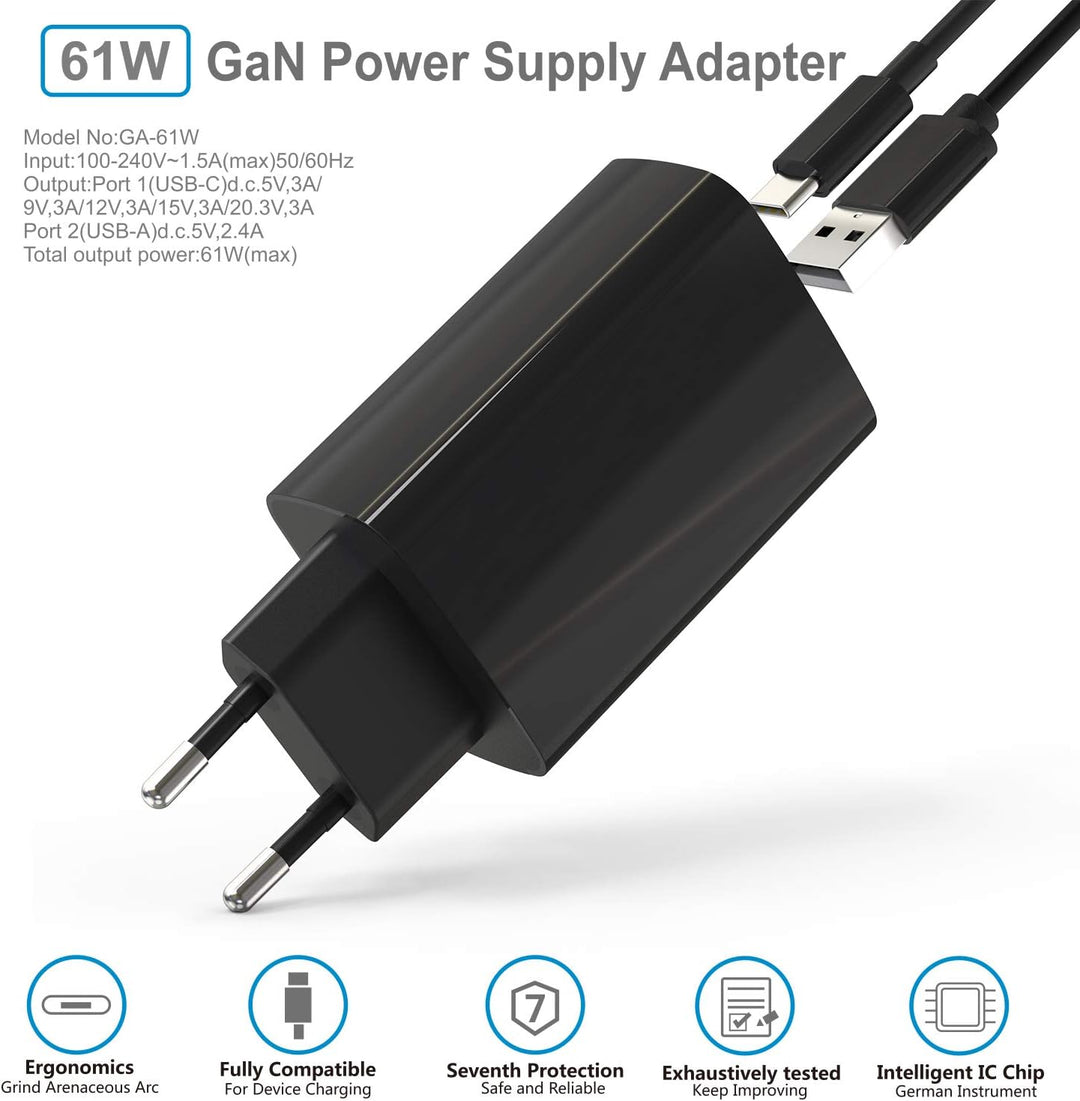 Kompaktes 61W GaN Tech USB-C-Wandladegerät, Doppel-Port mit USB-A und USB-C, USB-C Laptops, Galaxy,