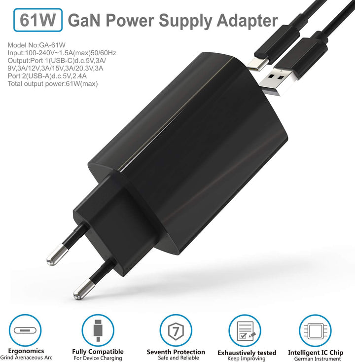 Kompaktes 61W GaN Tech USB-C-Wandladegerät, Doppel-Port mit USB-A und USB-C, USB-C Laptops, Galaxy,