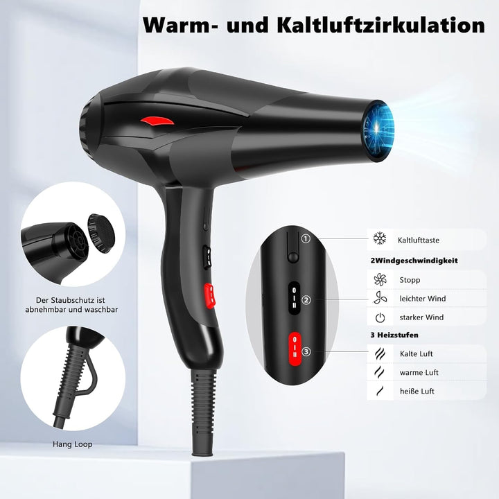 Jooayou Ionen Haartrockner, 3000 W Haarföhn für Damen, Föhn mit Diffusor, Profi-Fön, 3 Hitze-und 2 G