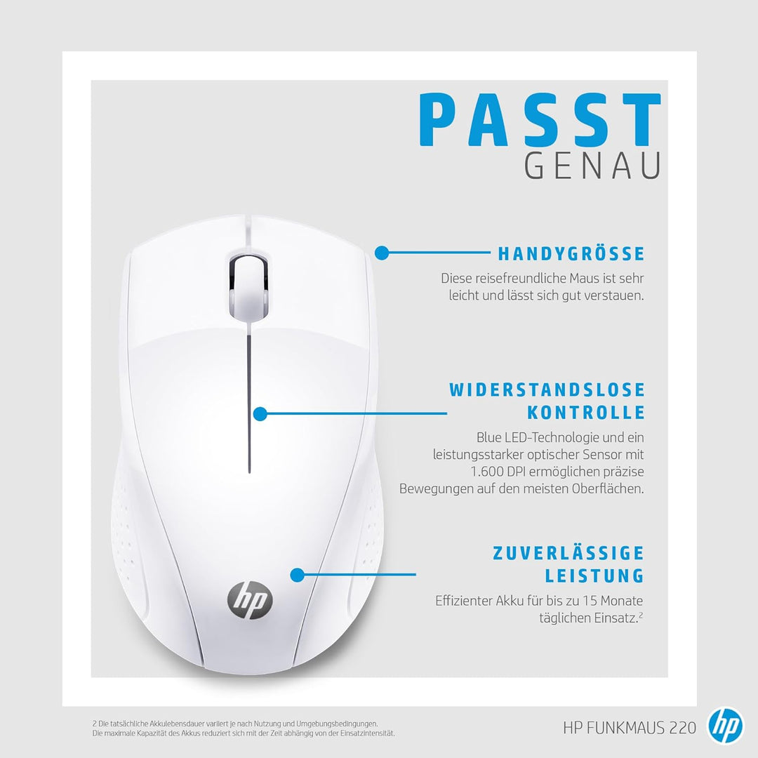 HP Wireless-Maus 220 – 2,4‑GHz Travel‑Funkmaus, beidhandbedienbar, 1600‑dpi Blue‑LED‑Sensor, bis zu