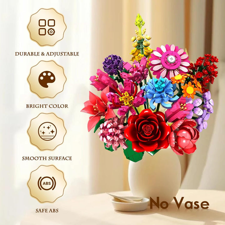 Blumen-Bausteine-Set, 1329 Teile, zeitloses Blumenstrauss-Set mit 14 verschiedenen Blumenarten, DIY-