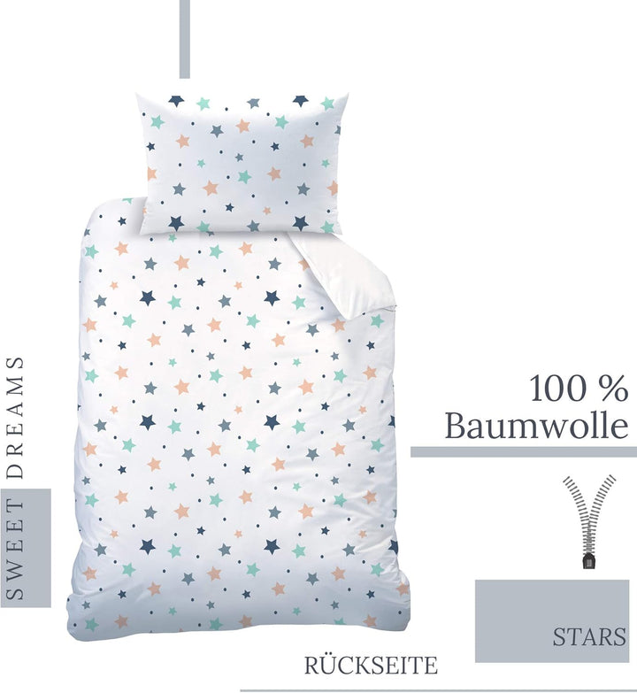 Sterne Babybettwäsche 135x100 Flanell Biber, 1 Kissenbezug 40x60 + 1 Bettbezug 100x135 cm, Sweet Dre