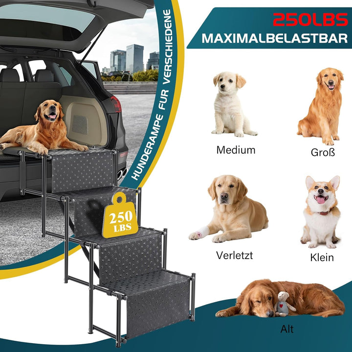 OUUTMEE 4-stufige Hunde-Autotreppe, Klappbar Hunderampe mit Rutschfester Oberfläche, Hundetreppe für
