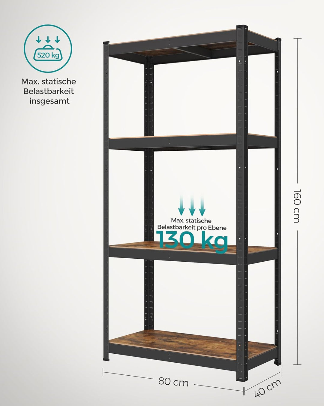 SONGMICS Standregal, Bücherregal, Lagerregal, 4 Ablagen, verstellbar, 40 x 80 x 160 cm, bis 520 kg b