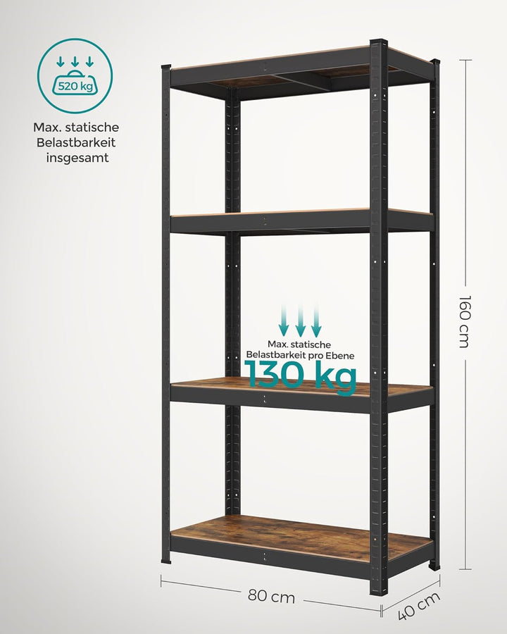 SONGMICS Standregal, Bücherregal, Lagerregal, 4 Ablagen, verstellbar, 40 x 80 x 160 cm, bis 520 kg b