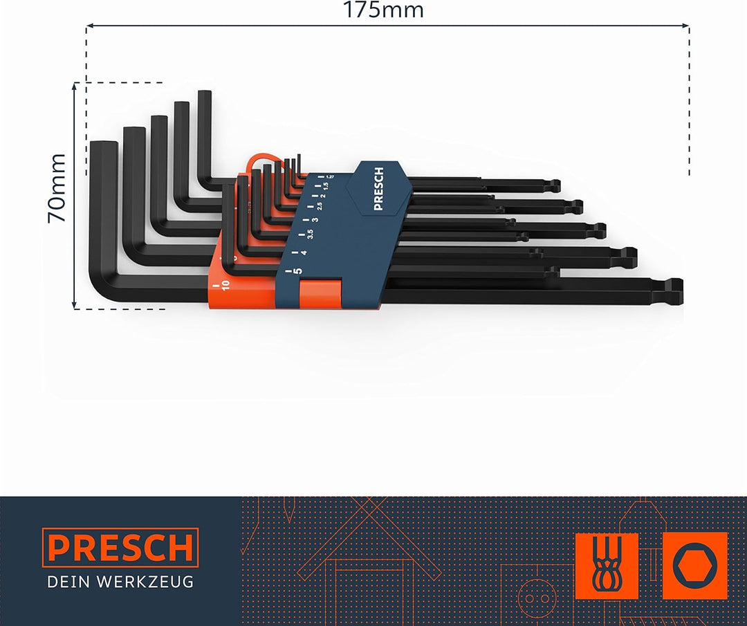 PRESCH Innensechskant Satz 13 tlg mit Kugelkopf HX - Profi Innensechskantschlüssel Set - Schlüssel k
