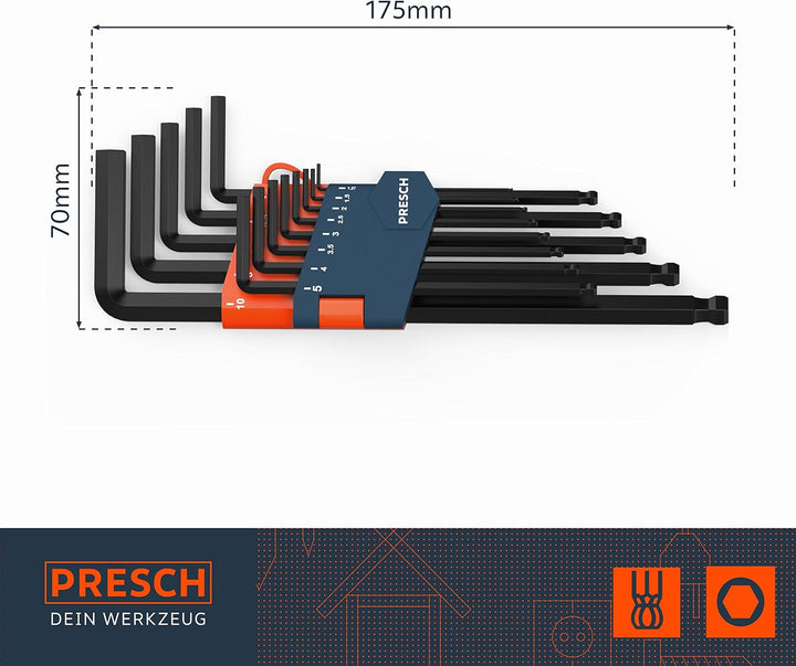 PRESCH Innensechskant Satz 13 tlg mit Kugelkopf HX - Profi Innensechskantschlüssel Set - Schlüssel k