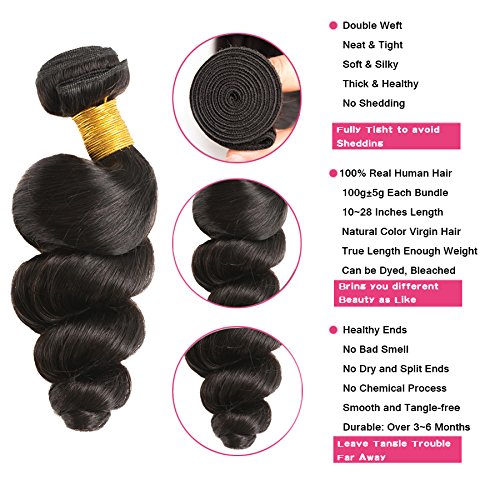 Huarisi Loose Wave Human Hair Bundles, Brazilian Hair 4 Bundles 12 14 16 18 inch, Brazilian Virgin H