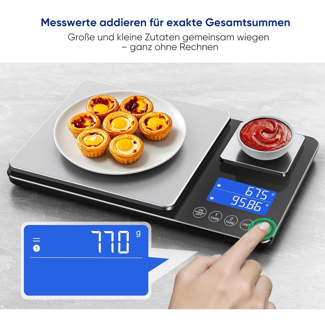 Küchenwaage Digital 15 kg / 0,01 g, Hochpräzise Zweibereichs Waage Küche mit Addierfunktion, Tara-Fu