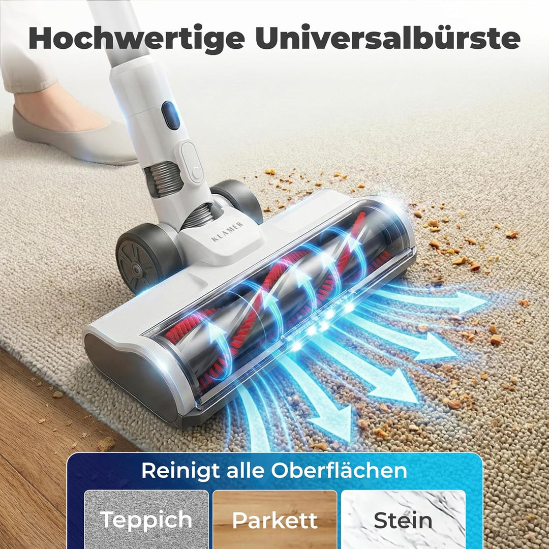 KLAMER Akku Staubsauger, 2-in-1 Staubsauger kabellos & Handstaubsauger, Akkulaufzeit bis 60 min, Akk
