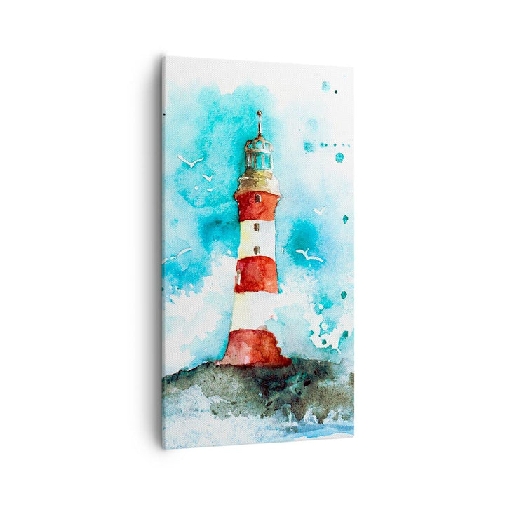 Bilder auf Leinwand 55x100cm Leinwandbild mit Rahmen Leuchtturm Wasser Illustration Welle Gross Wand