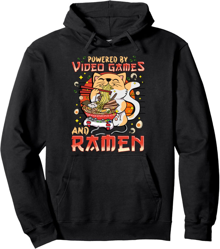 Anime Cat Powered By Video Games And Ramen Pullover Hoodie