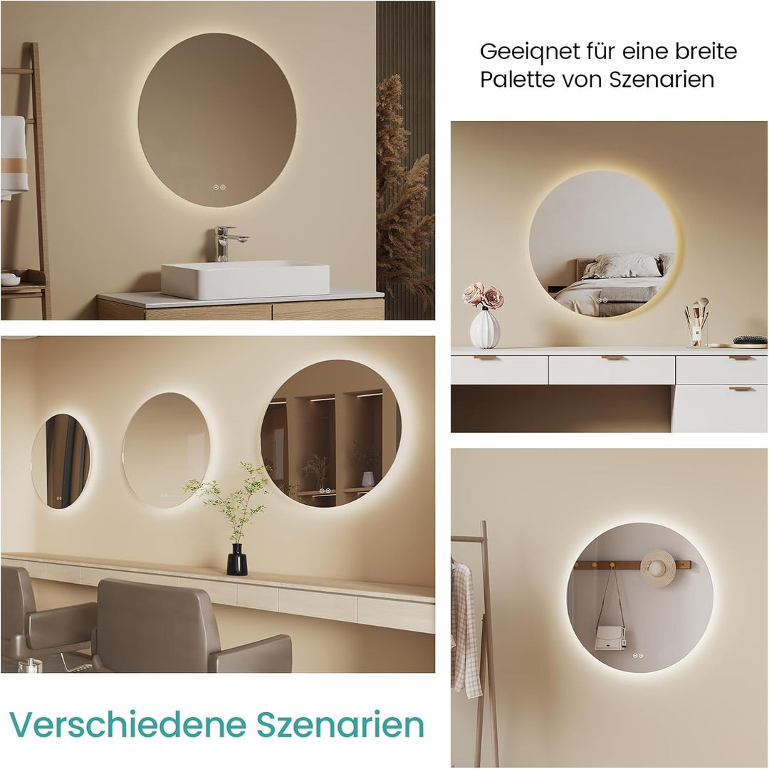 EMKE Badspiegel mit Beleuchtung Rund 50cm Badezimmerspiegel mit 3 Lichtfarbe dimmbar, Touch, Speiche