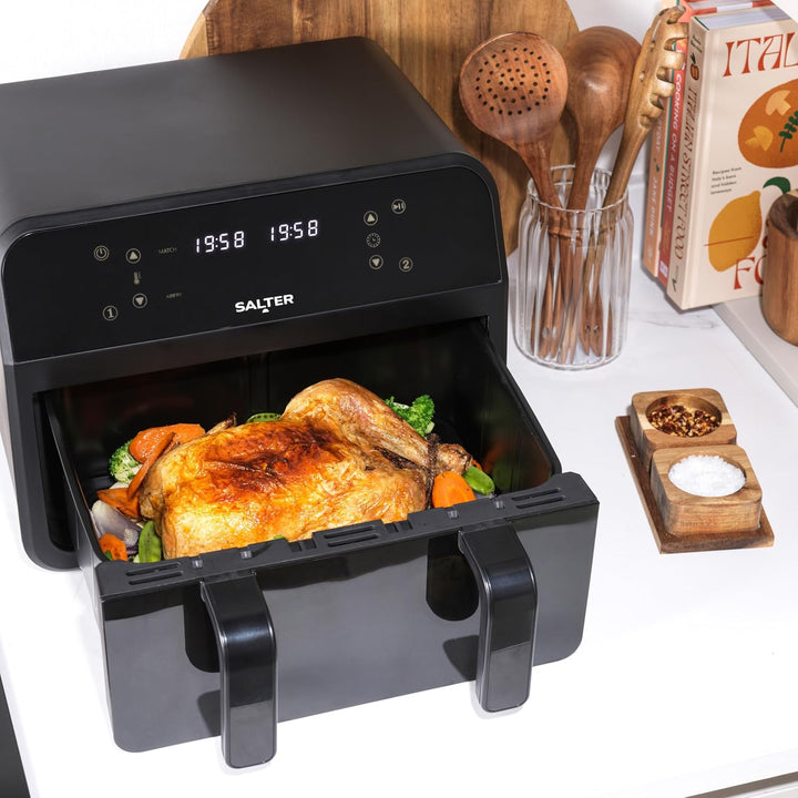 Salter Dual View Heissluftfritteuse – 7 l Antihaft-Kochschale mit abnehmbarer Trennwand, grosse Fami