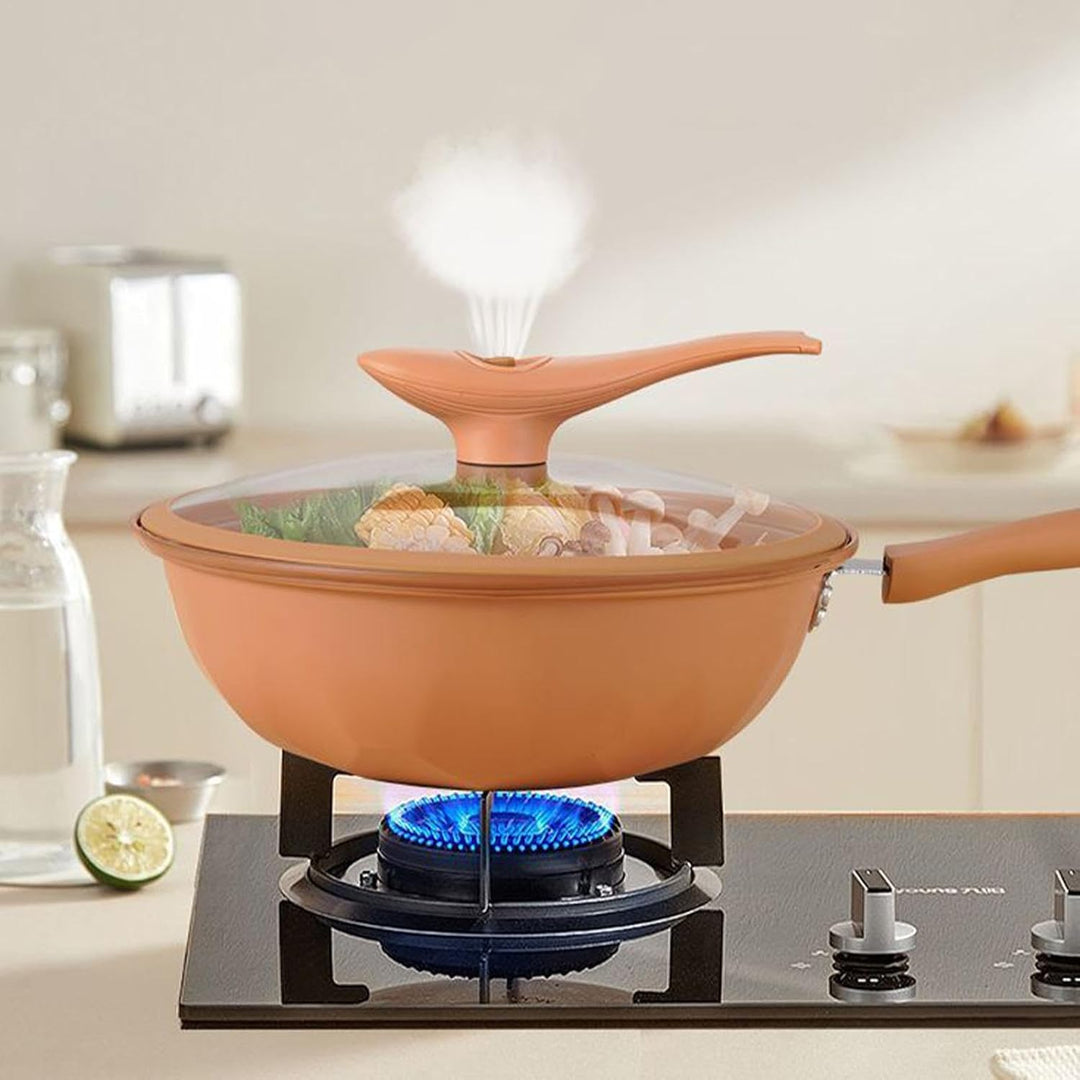 Xasbseulk Eisen-Wok mit Deckel, antihaftbeschichtet, chinesische Bratpfanne mit Deckel, Dämpfen und