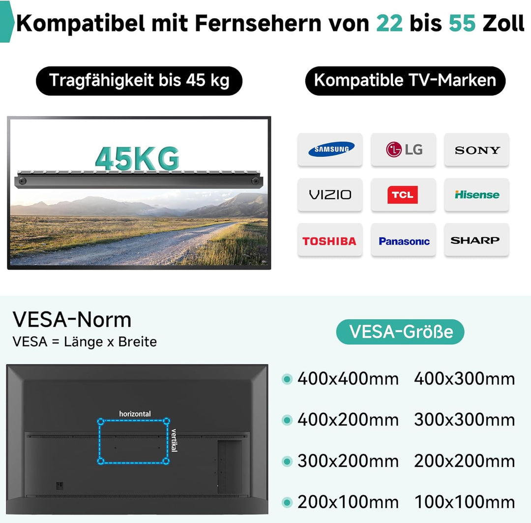 Auoace fernseh Halterung Wand für 22-55 Zoll, bis zu 45kg, bis zu 5° neigbar, kein Bohren, Keine Ank