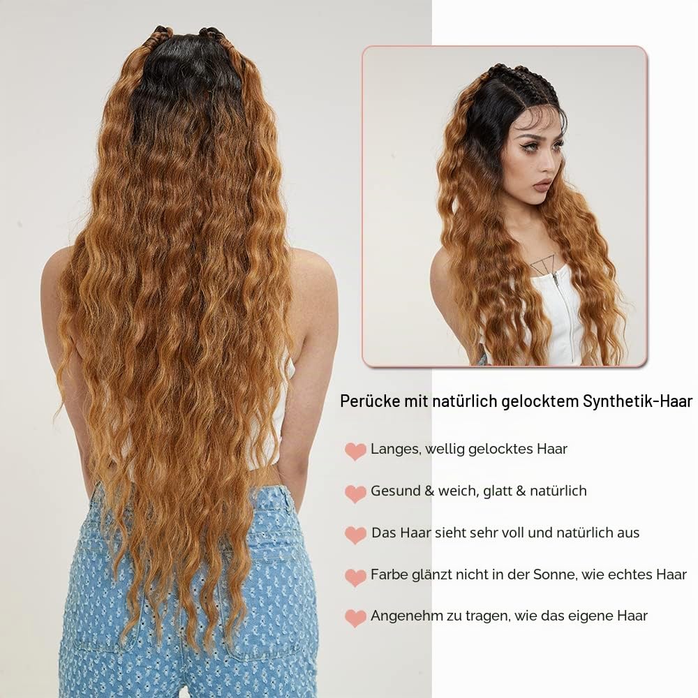 FASHION IDOL Lace Front Curly Wigs 31" Long Synthetic Natural Water Wavy Wig for Black Women Ombre B