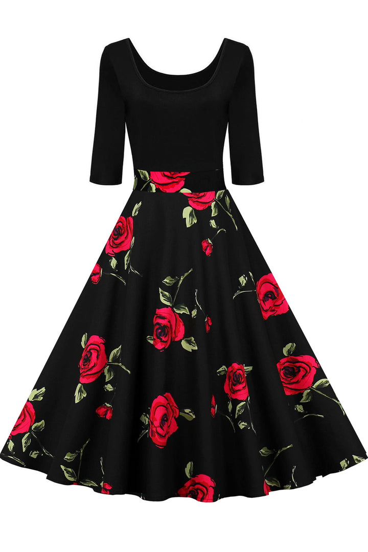 AXOE Damen A-Linie Kleid 60er Jahre Rockabilly 3/4 Ärmel F01b M, F01b M
