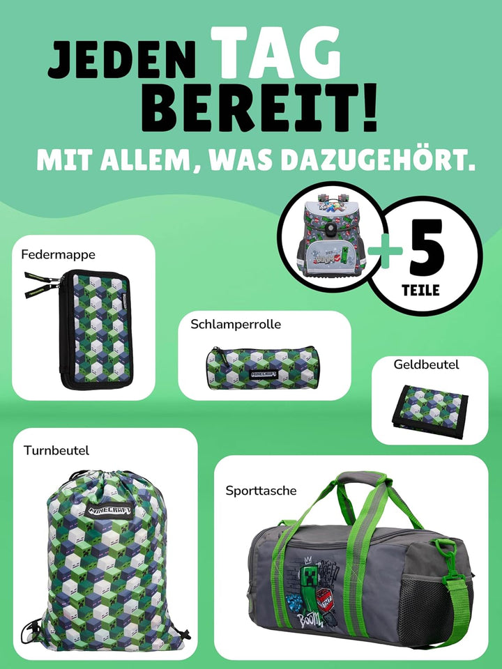 Familando - Schulranzen Set 6-teilig mit Federmappe - Minecraft - Ergonomisch, stabil & mit gepolste