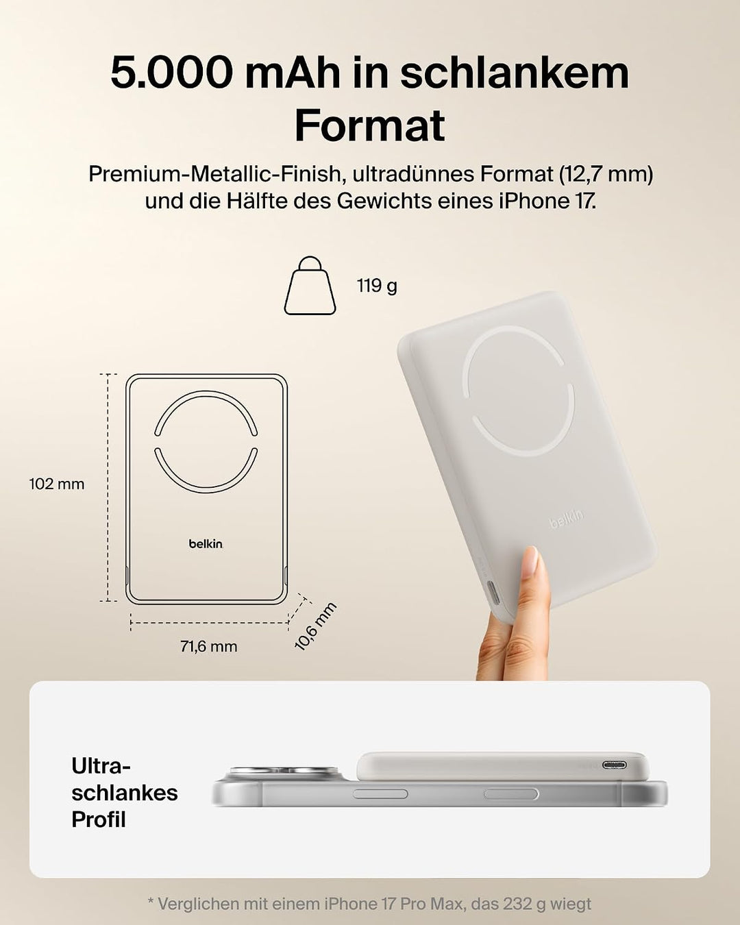 Belkin BoostCharge 5000mAh Magnetische Power Bank mit Magnetring – Beige | 5K Powerbank Kabellos, Qi