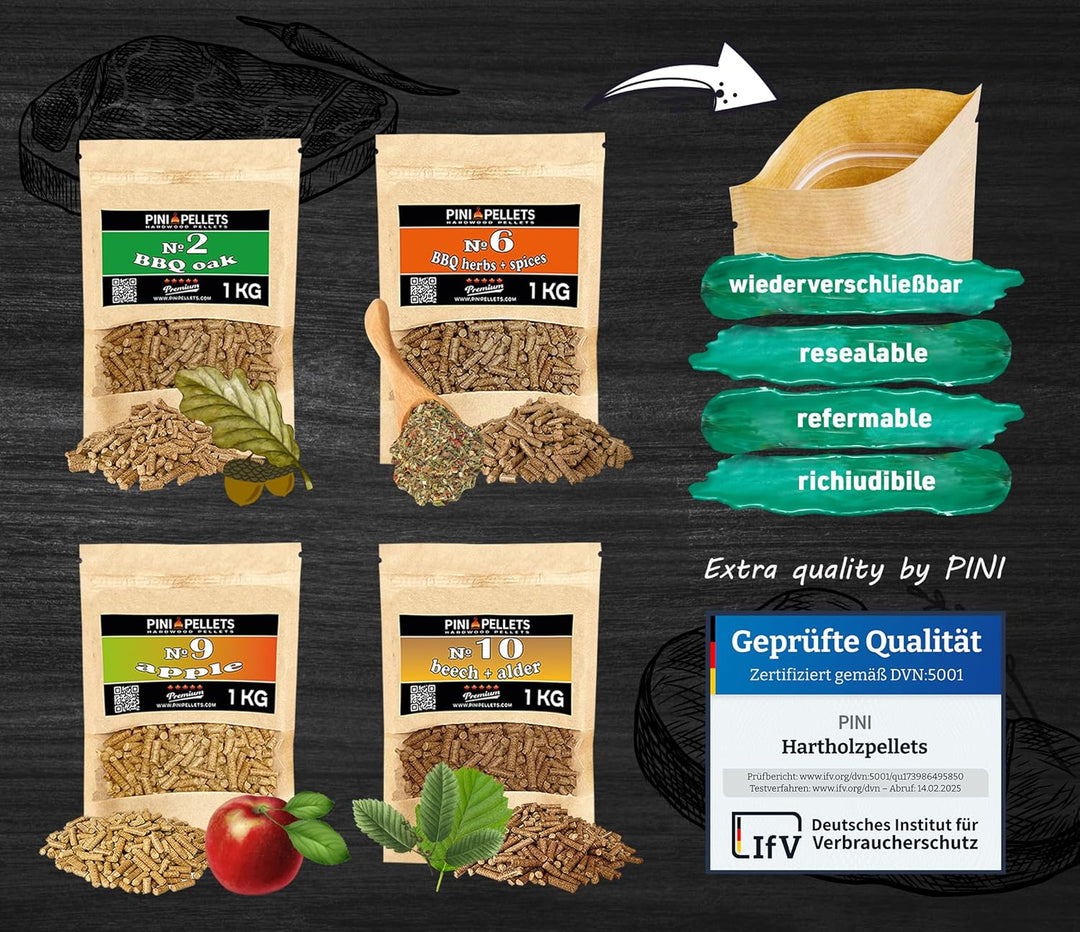 PINI Naturholzpellets Set 4X 1 kg für BBQ und Grillen Auswahl aus 4 Sorten - Eichenpellets Nr 2, BBQ