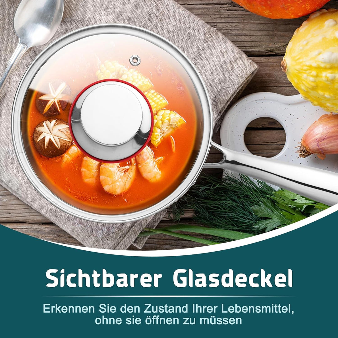 Joyfair Stielkasserolle, 16cm Premium 3-Lagen Edelstahl Milchtopf Induktion mit Deckel, 1,8 Liter Ko