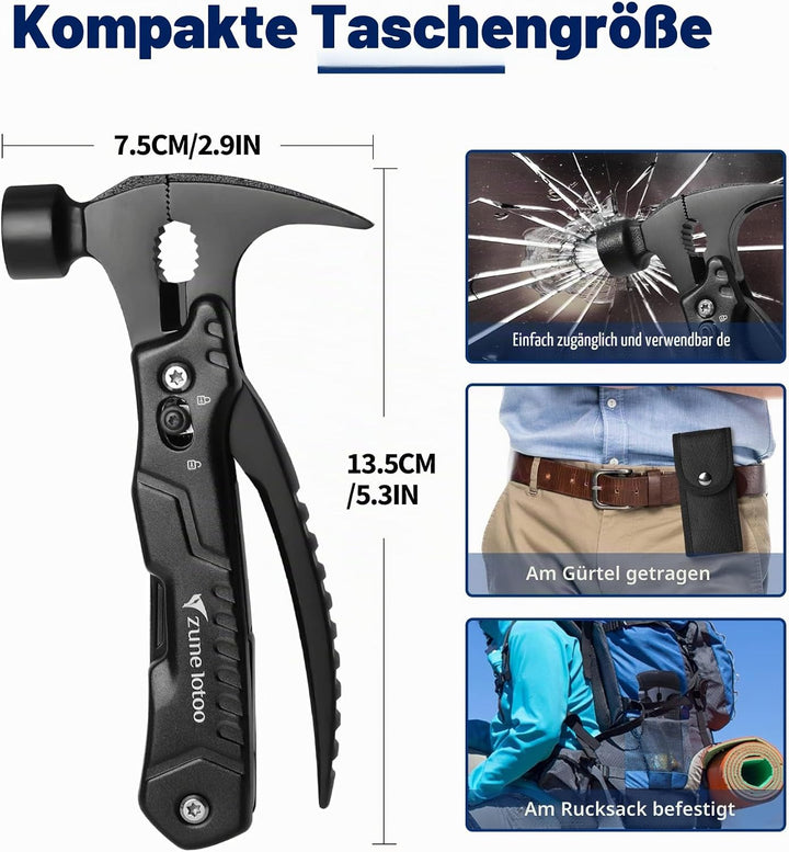 Zune Lotoo Multitool Camping Hammer, 14 in 1 Tragbares Multitool Werkzeug aus Edelstahl, Survival Mu
