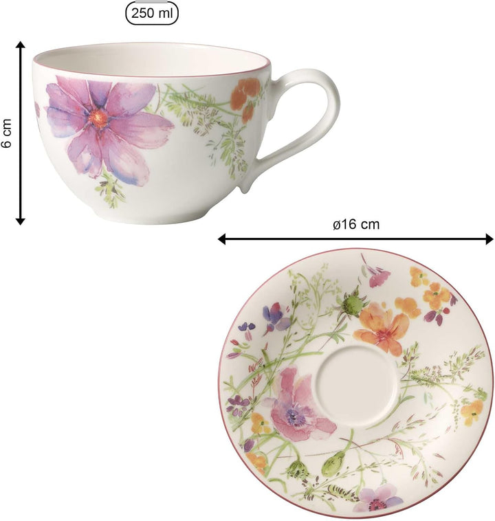 Villeroy & Boch Mariefleur Basic Kaffeetasse mit Untertasse, 250 ml, Kaffee-Set mit floralem Blumen-