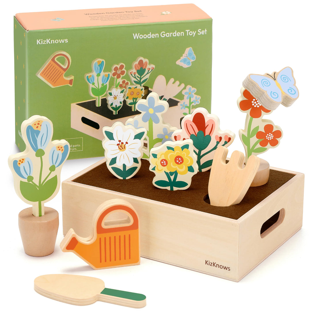 KizKnows Holz Blumengarten Spielzeug Blumen-Set Gartenspiel Montessori Spielzeug Rollenspiel Spielze