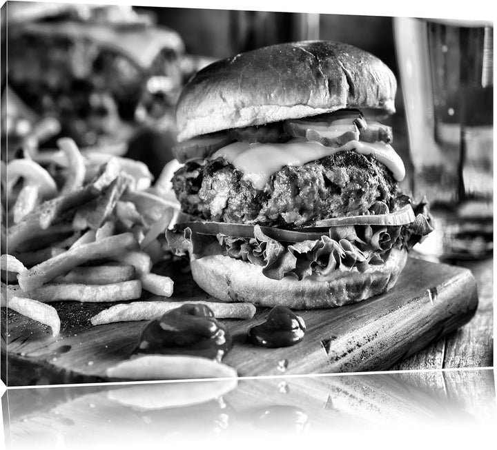 Pixxprint Saftiger Chili Cheese Burger als Leinwandbild/Grösse: 100x70 cm/Wandbild/Kunstdruck/fertig