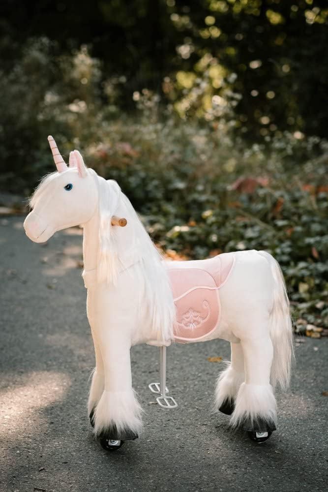 PONNIE Einhorn mit Rollen S (3-6 Jahre), Unicorn zum Reiten mit Abnehmbarer Rosa Sattel und Halfter
