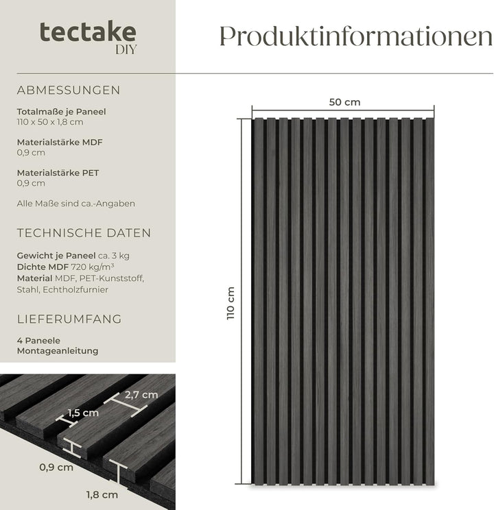 tectake® Akustikpaneele mit Echtholzfurnier, effektiver Schallschutz, 4er Set, MDF, Schallabsorber,