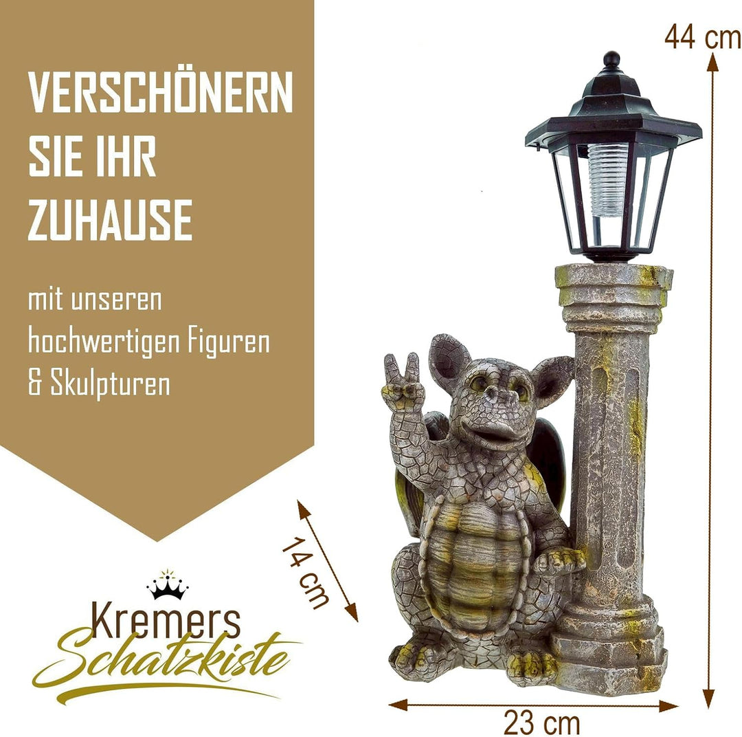 Kremers Schatzkiste Gartenfigur Drachenkind Peacezeichen mit Solar Laterne Drache Figur Gargoyle