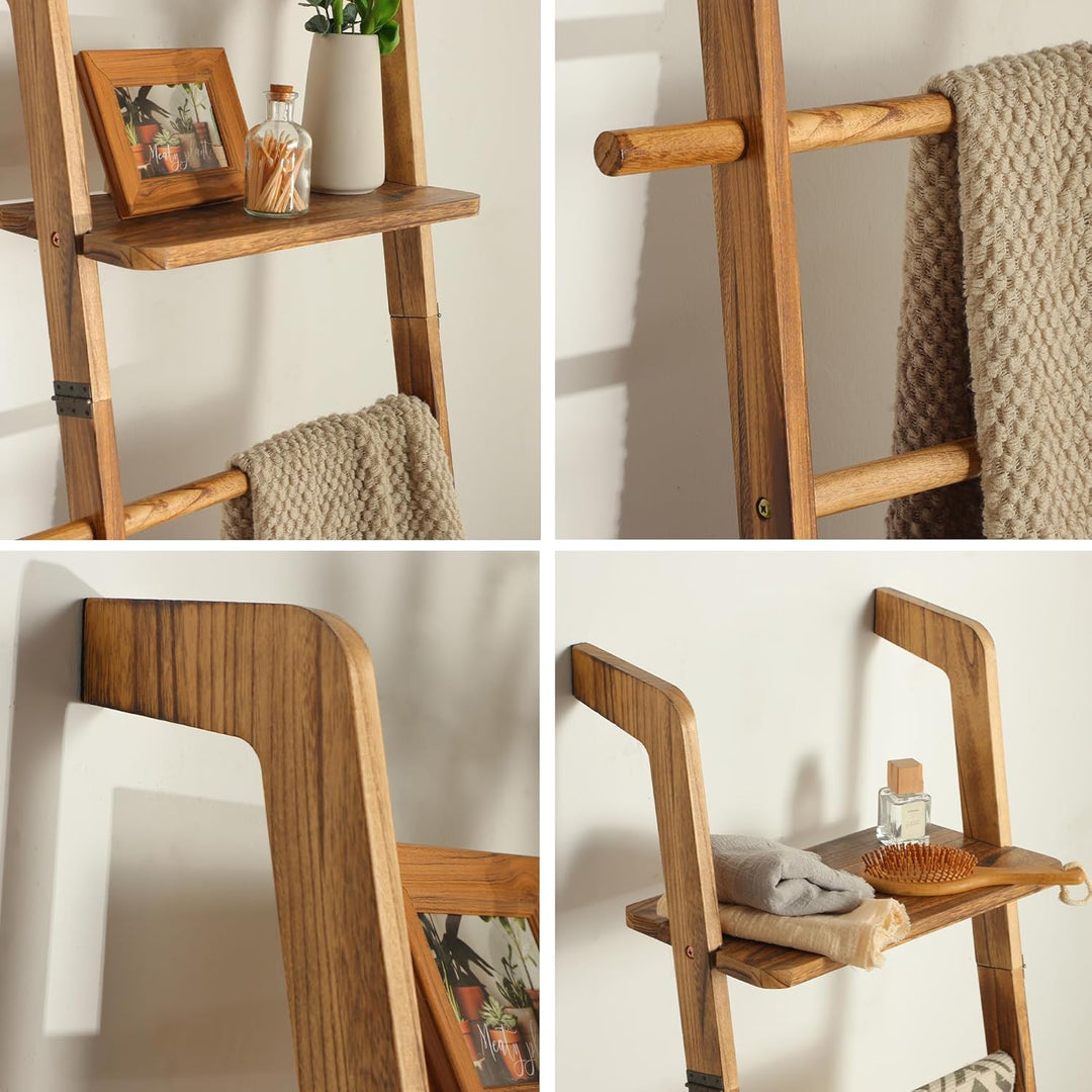 ZUNTO 5-stufige Handtuchleiter Holz mit Ablage & Haken - Vintage Handtuchhalter Leiter mit Regal für