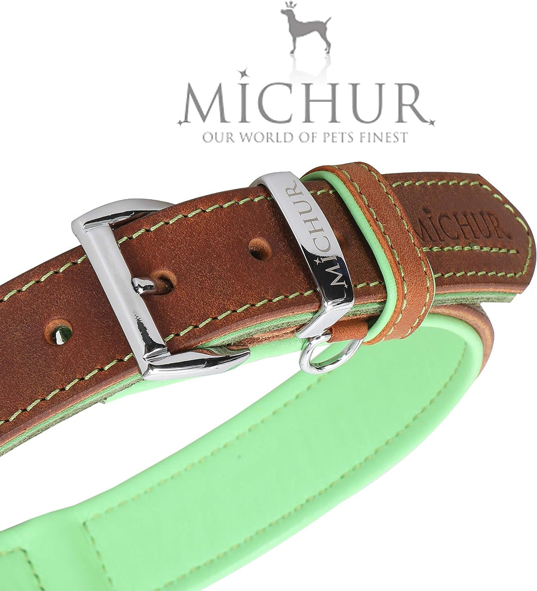 MICHUR Charly Hundehalsband Leder Braun Grün, Lederhalsband Hund, Halsband, Leder, in verschiedenen