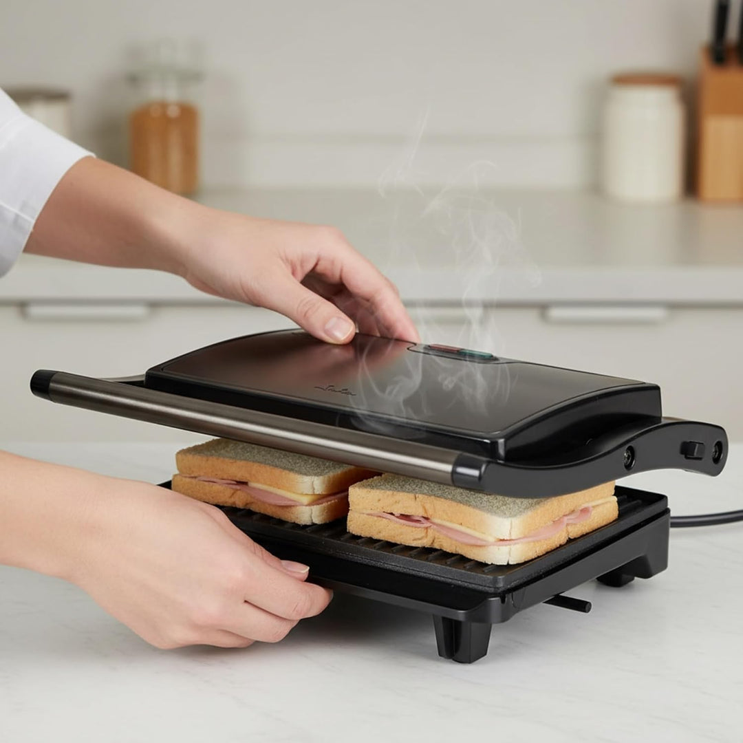 Jata JEGR1106 Elektrischer Grill, 750 W, glatte Antihaft-Platten 22,5 x 14,6 cm, Küche für alle Arte