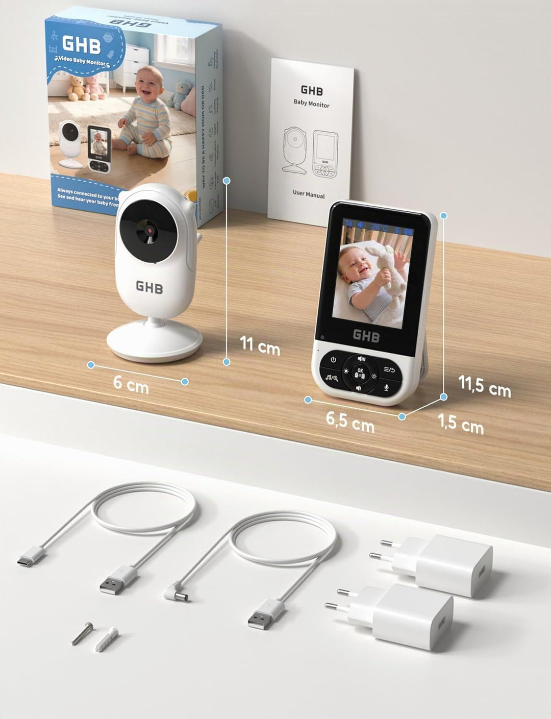 GHB Babyphone mit Kamera Baby Monitor 2,8 Zoll Schwarz | VOX-Modus Max. 35 Std, Infrarot-Nachtsicht,