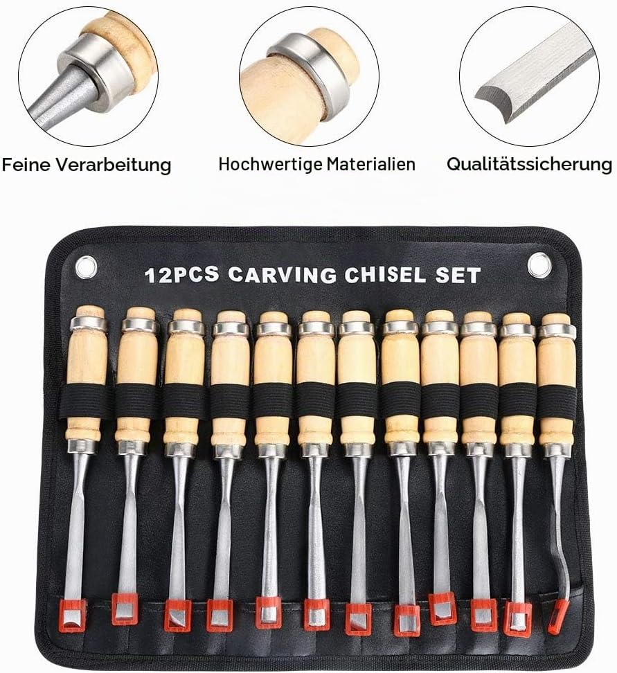 flintronic Stechbeitelsatz, 12-teilig Holzgriff &amp; Werkzeyt, Holzmeisselset, Tranchiermesser Holzschn