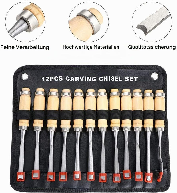 flintronic Stechbeitelsatz, 12-teilig Holzgriff &amp; Werkzeyt, Holzmeisselset, Tranchiermesser Holzschn