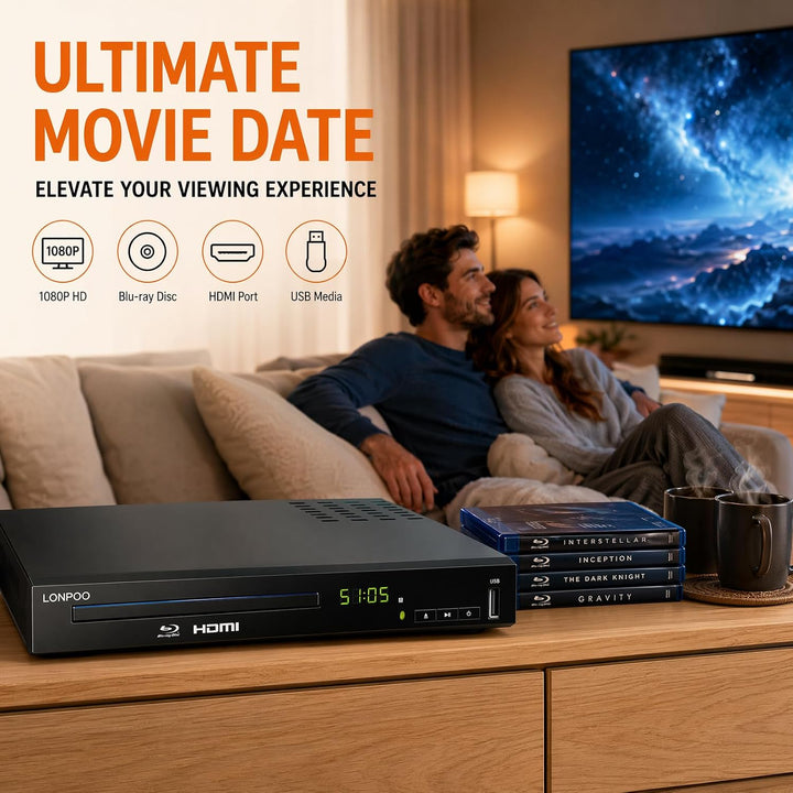 1080P HD Bluray Player für TV, Kompakter Blu-ray Player/DVD-Player mit HDMI/Koaxial/AV-Porta, Unters