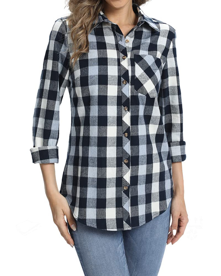 fuinloth Hemd Damen Kariert Trachtenbluse Plaid Langarmshirt Flanell Bluse Elegant Oberteile aus Bau