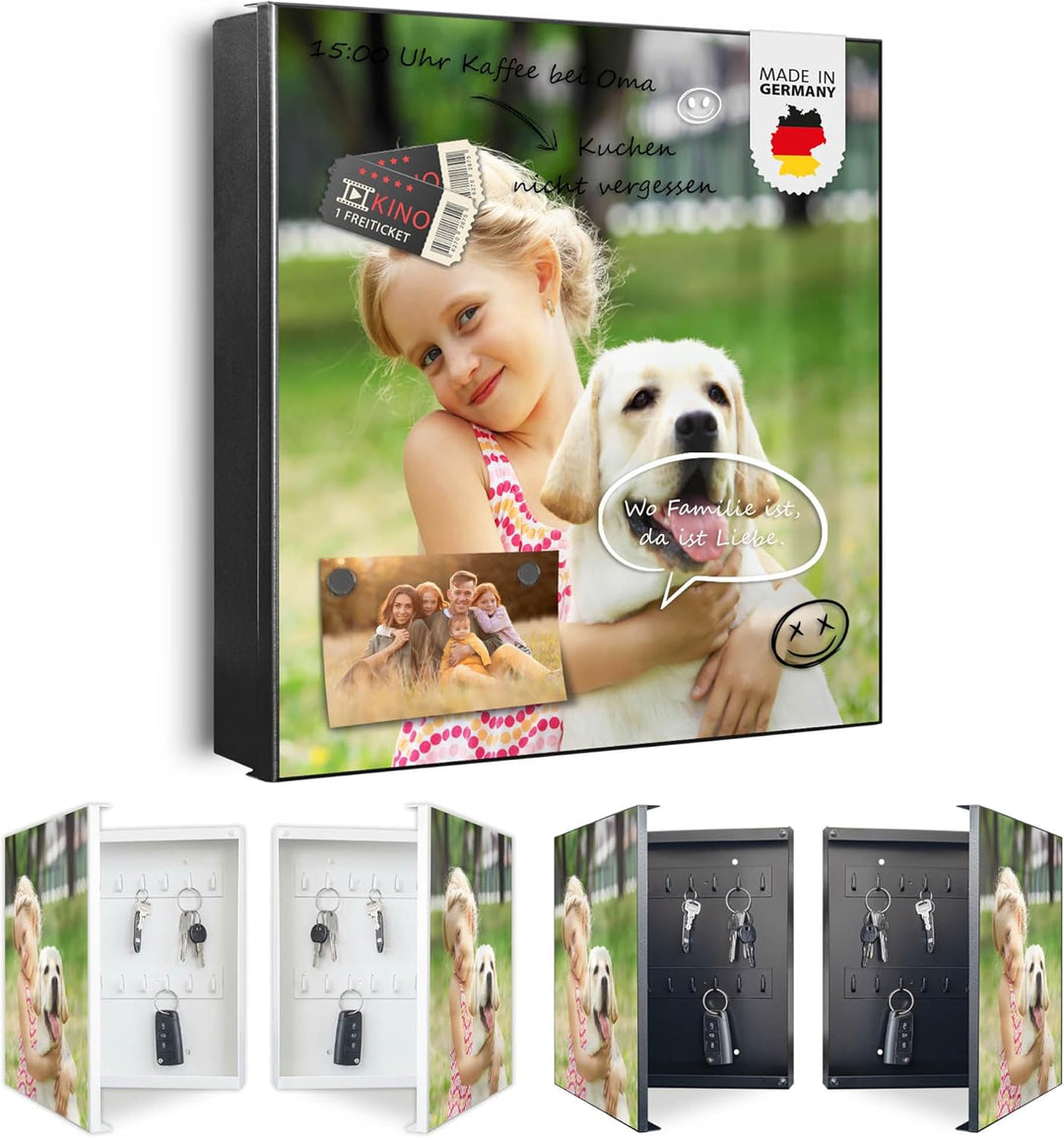 banjado® Grosser Schlüsselkasten Glas/Schlüsselbox 30cm x 30cm mit 50 Haken - Motiv Wunschmotiv/Schl