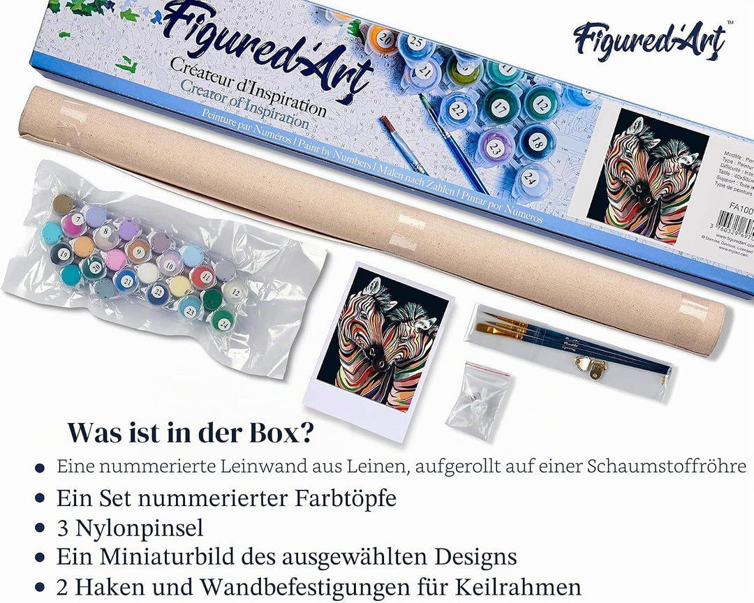 Figured'Art Malen Nach Zahlen Erwachsene Buntes Zebrapaar - Paint by Numbers Basteln DIY Bastelset 4