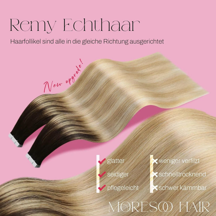 Moresoo Blond Tape in Extensions Echthaar Invisible Extensions Tape in Dunkelbraun bis Karamellblond